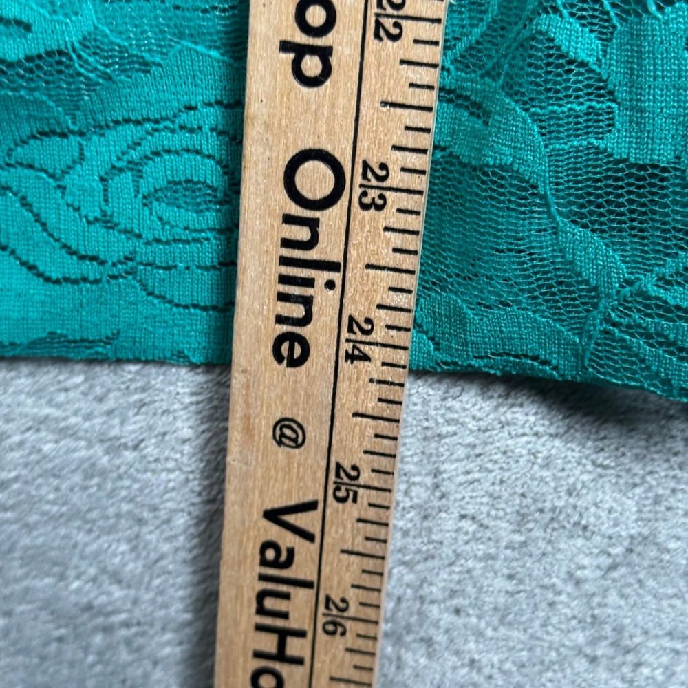 AB Studio Blouse L Green Lace Blouson Top Sheer Lined Overlay Banded Waist‎ Chic - Picture 11 of 12